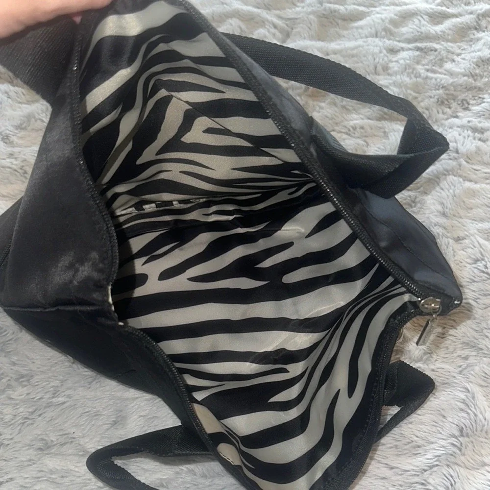 Bath & Body Works Black Nylon Tote Bag Zebra Print Lining Zip Top Shoulder Bag